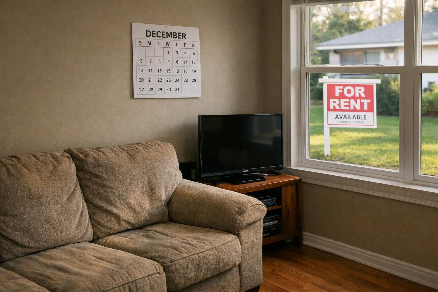 A cozy suburban living room with a couch and real estate sign.