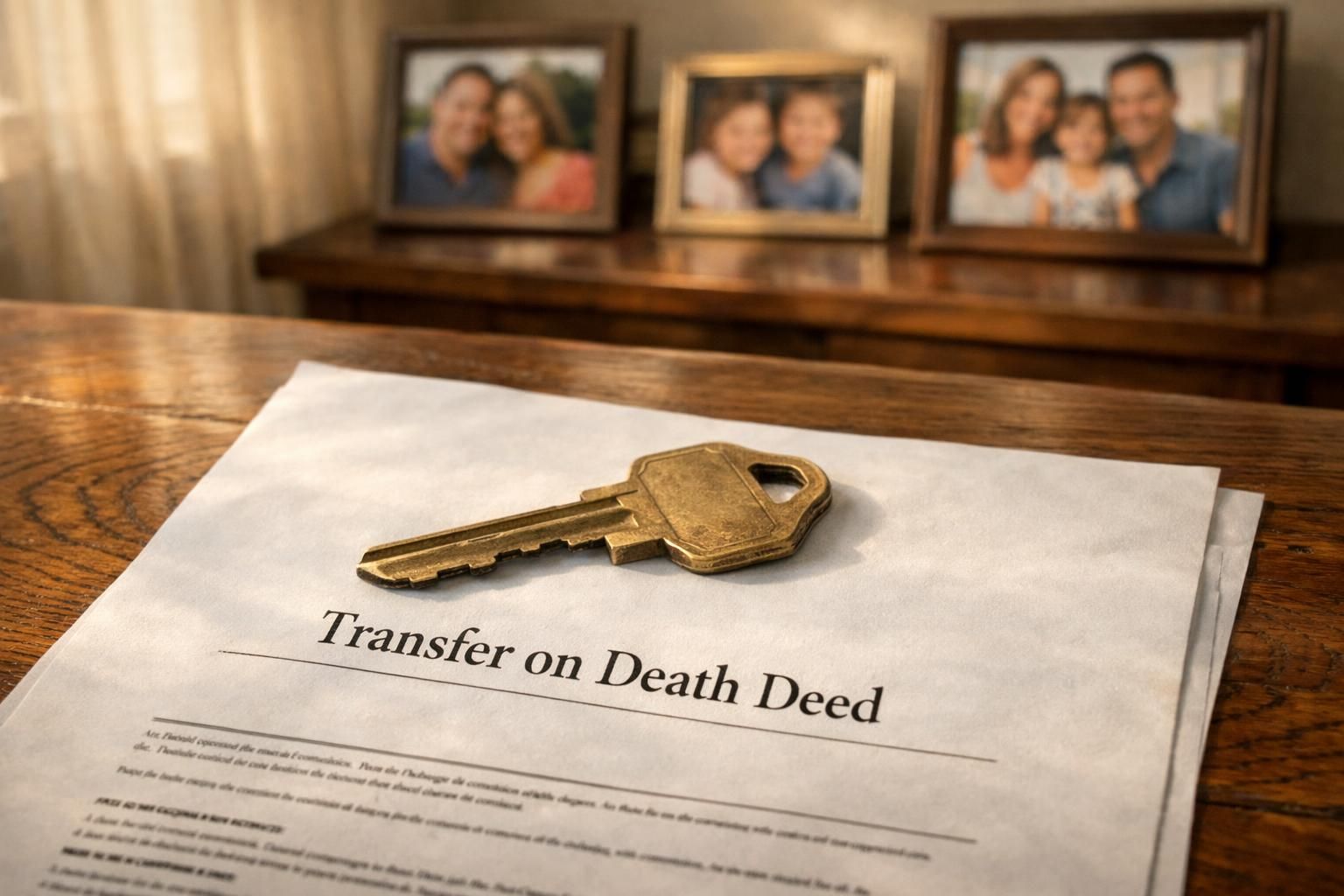 A tarnished brass key rests on a legal 'Transfer on Death Deed.'