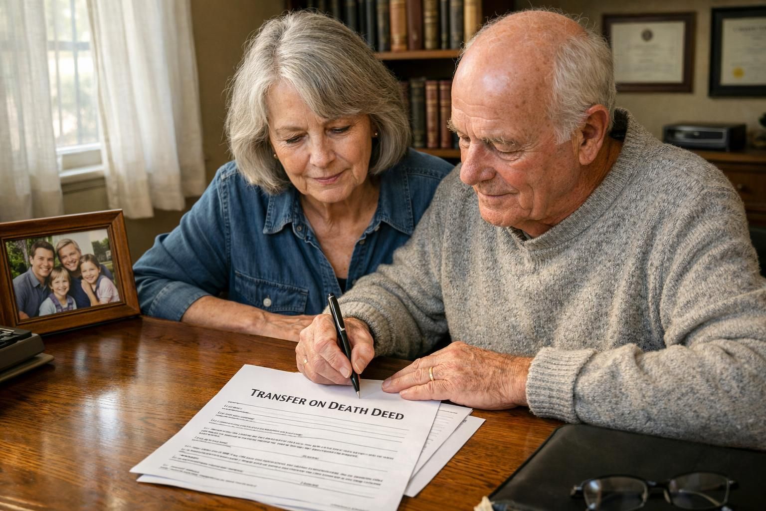An elderly couple collaborates on legal documents in a cozy office.