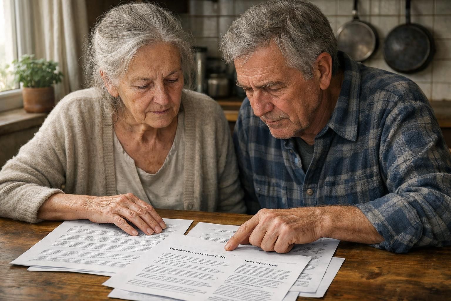An elderly couple reviews legal documents at their kitchen table.