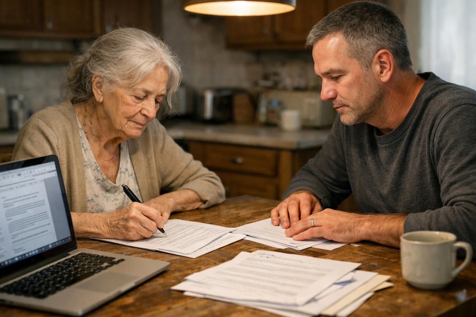 An elderly woman and middle-aged man collaborate on legal documents at a table.