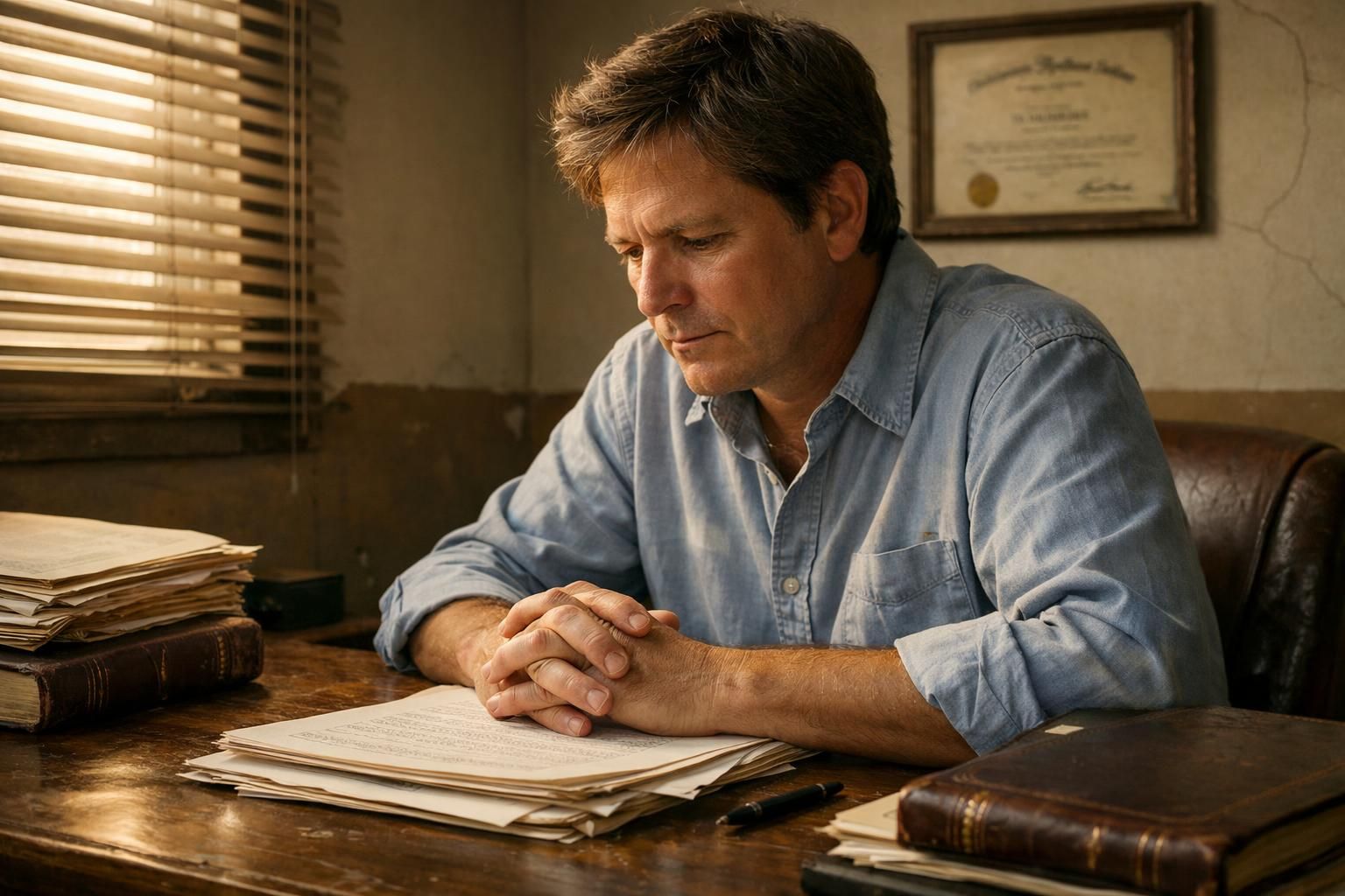 A focused individual reviews legal documents on a weathered desk.