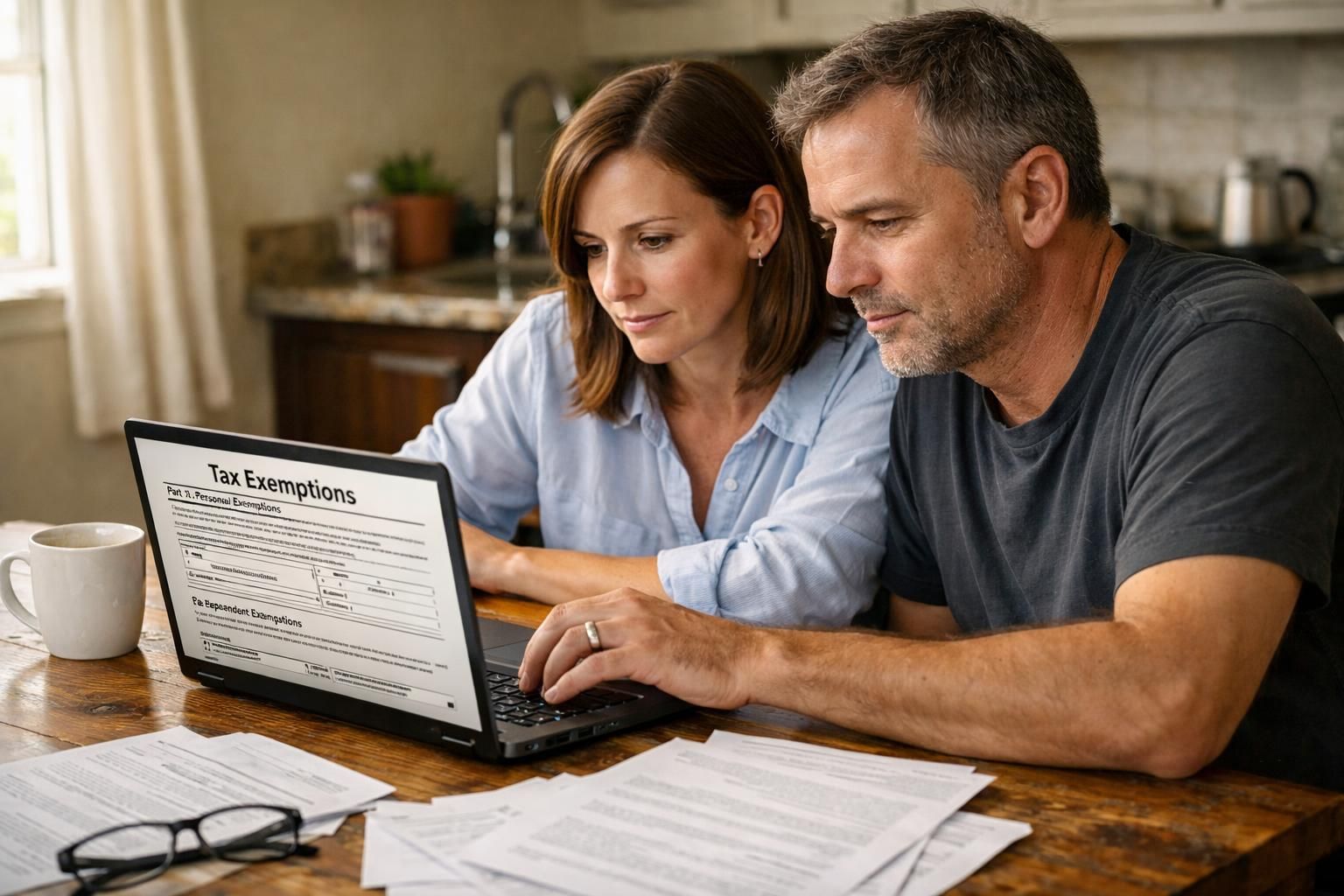 A couple collaborates on tax exemption forms at a dining table.