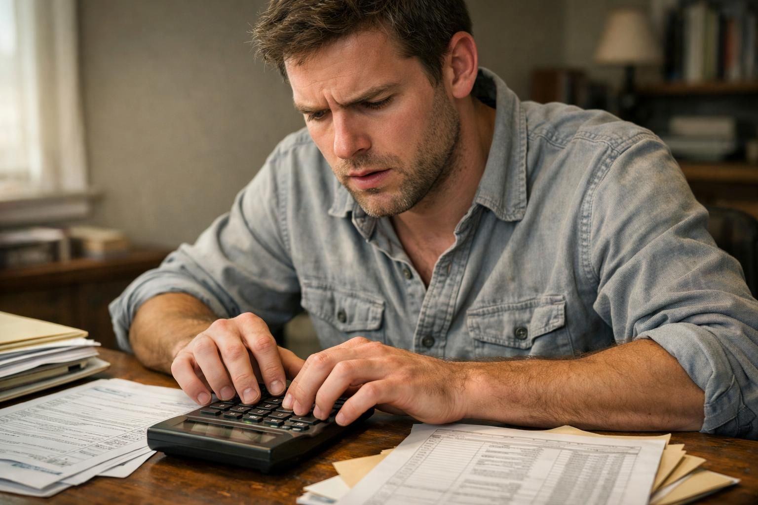 A stressed man struggles with tax forms at his cluttered desk. A stressed man struggles with tax forms at his cluttered desk.