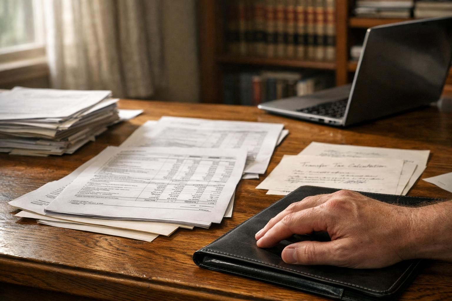 Cluttered home office filled with documents and a focused individual.