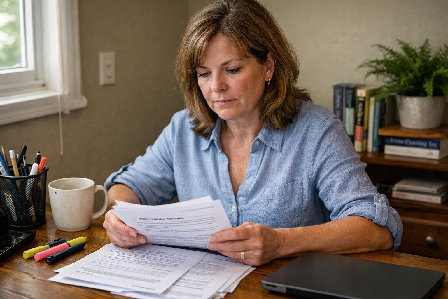 A middle-aged woman studies state tax laws at her home office.