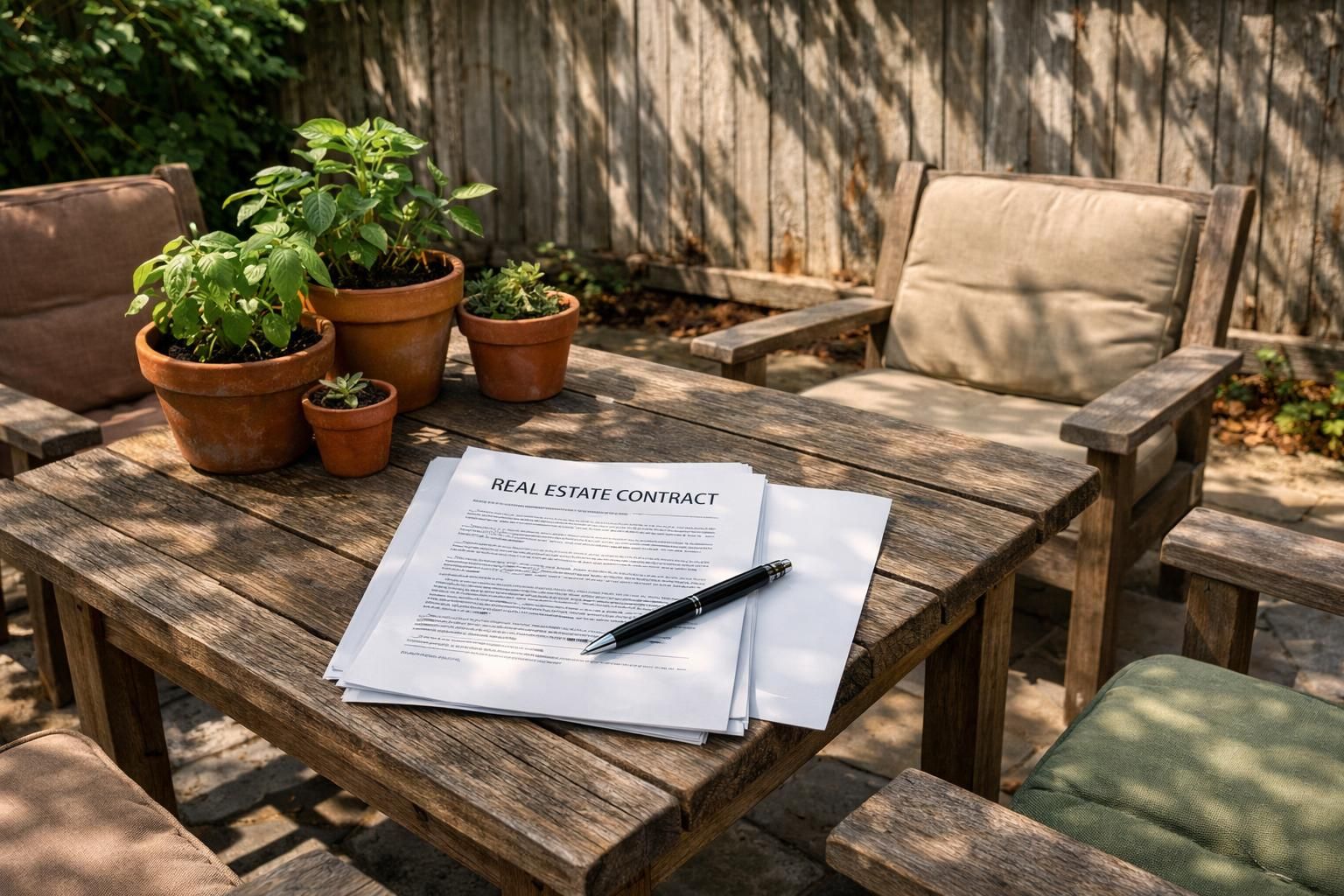 A serene patio scene featuring a weathered table and thriving plants. A serene patio scene featuring a weathered table and thriving plants.