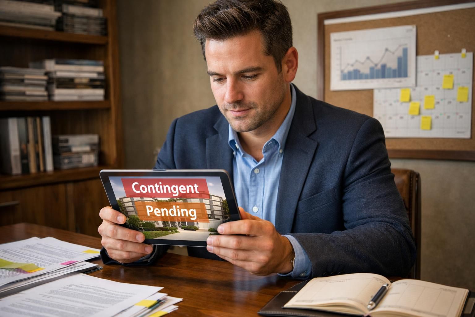 A real estate agent reviews property listings on a tablet. A real estate agent reviews property listings on a tablet.