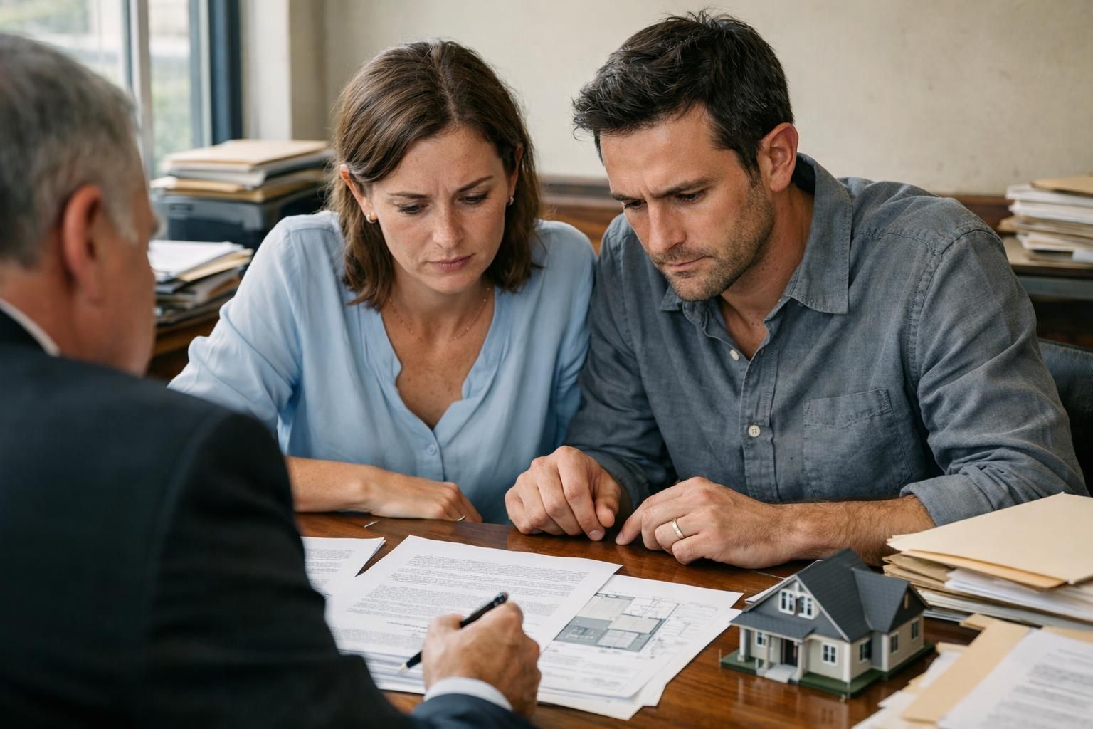 A couple discusses important paperwork with a real estate agent in an office. A couple discusses important paperwork with a real estate agent in an office.