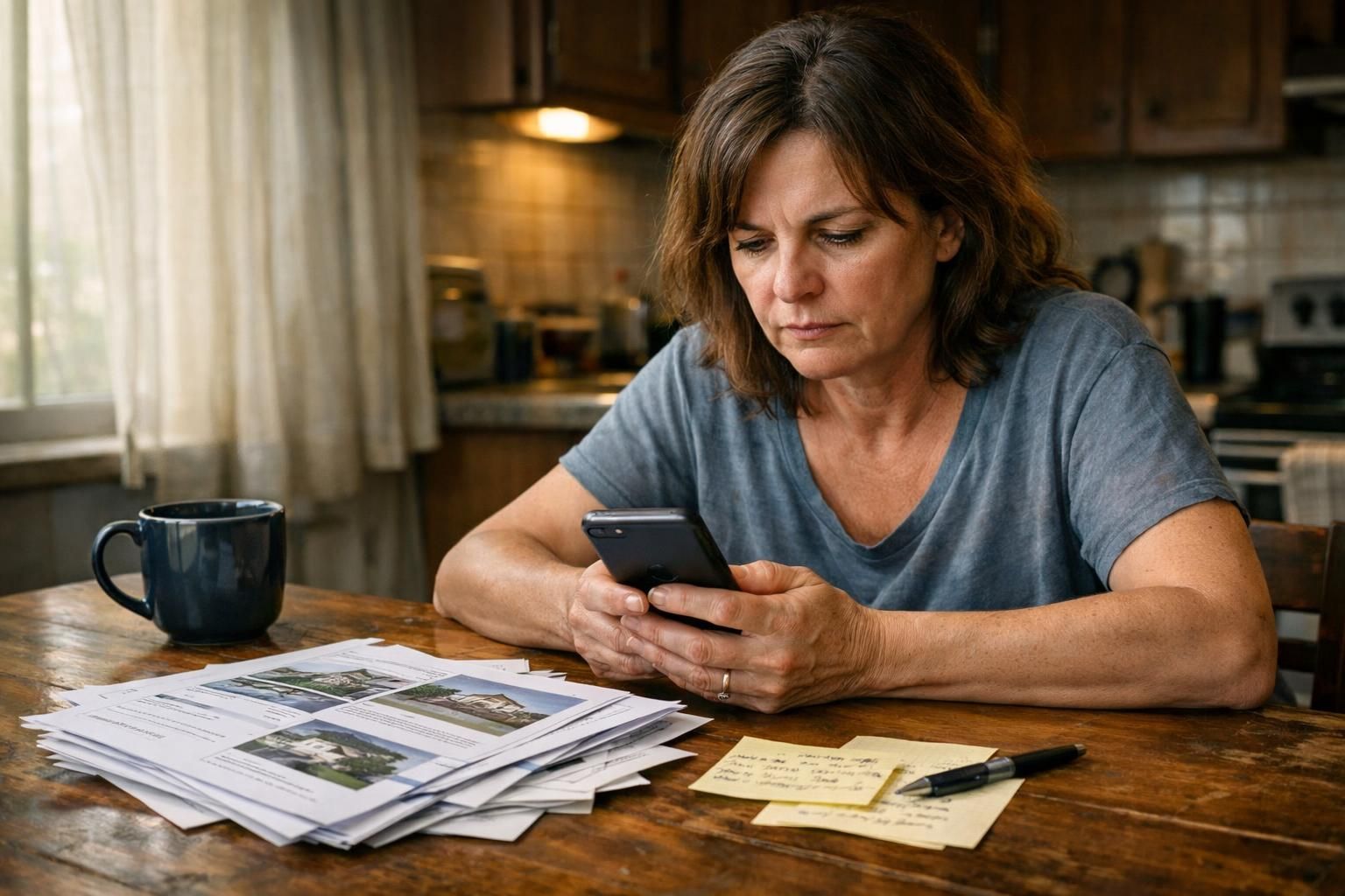 A middle-aged woman anxiously examines real estate listings at her kitchen table. A middle-aged woman anxiously examines real estate listings at her kitchen table.