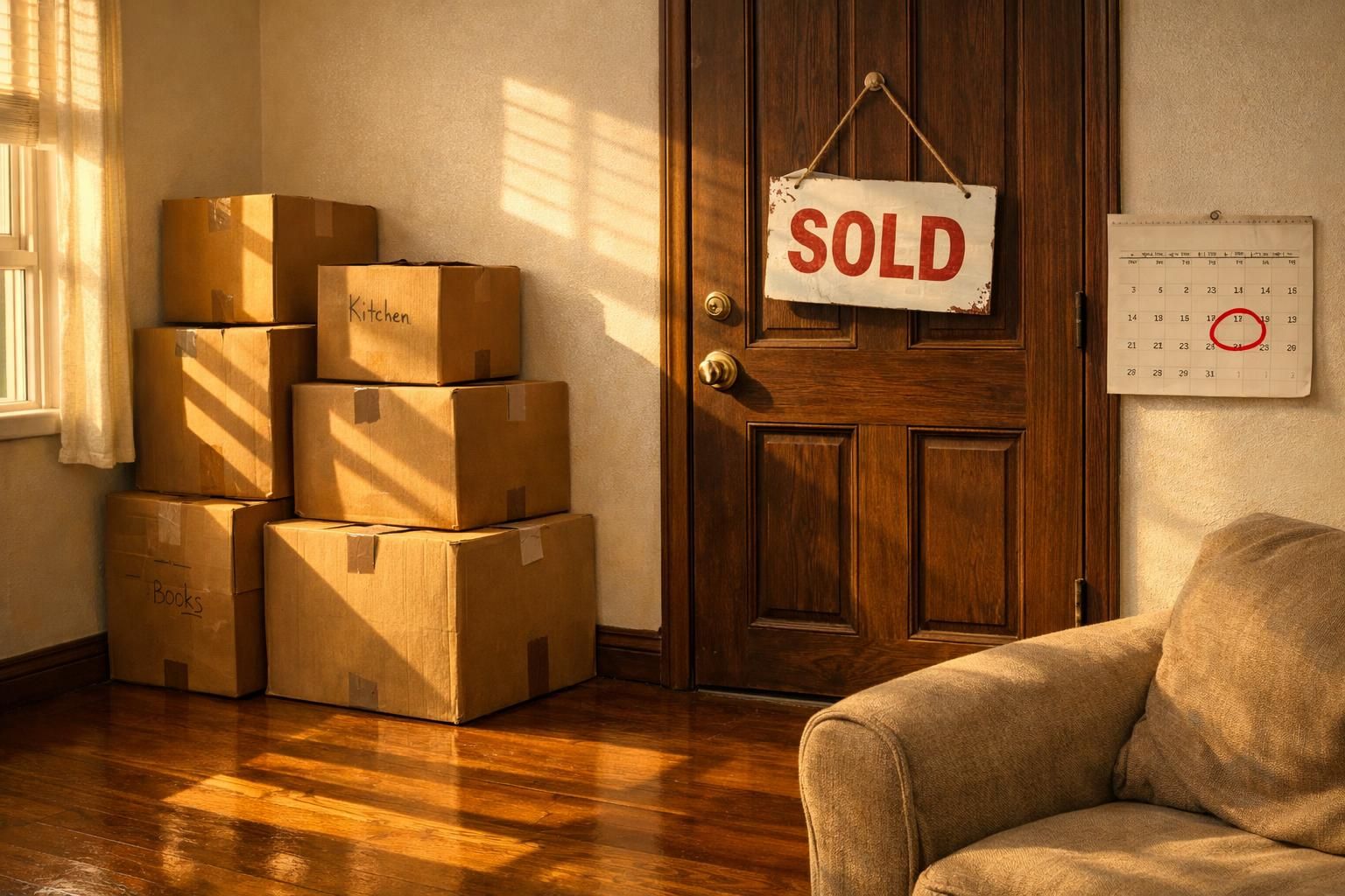 A cozy living room filled with moving boxes and a 'SOLD' sign. A cozy living room filled with moving boxes and a 'SOLD' sign.