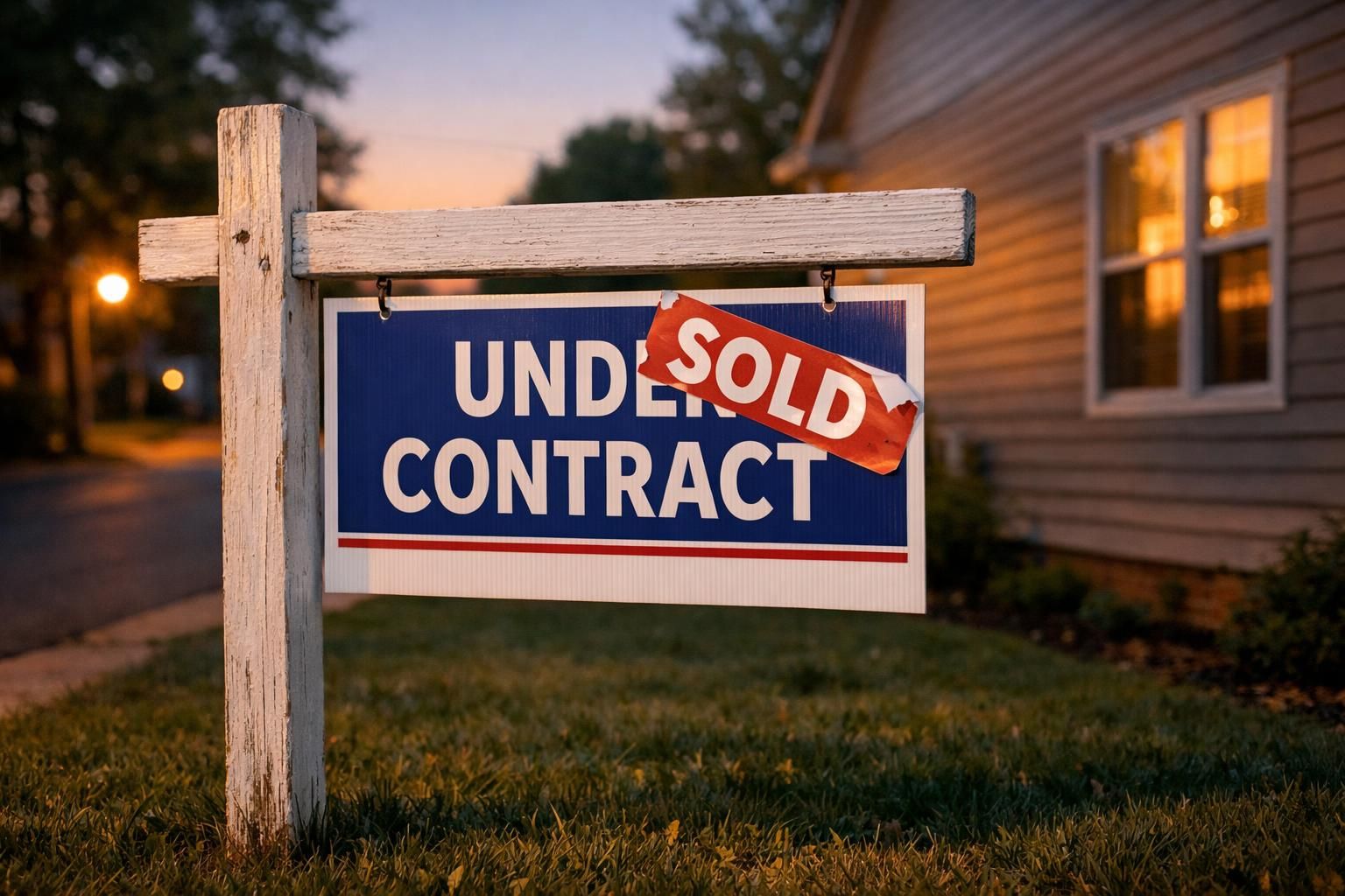 A suburban yard with a 'Under Contract' sign and sunset glow. A suburban yard with a 'Under Contract' sign and sunset glow.