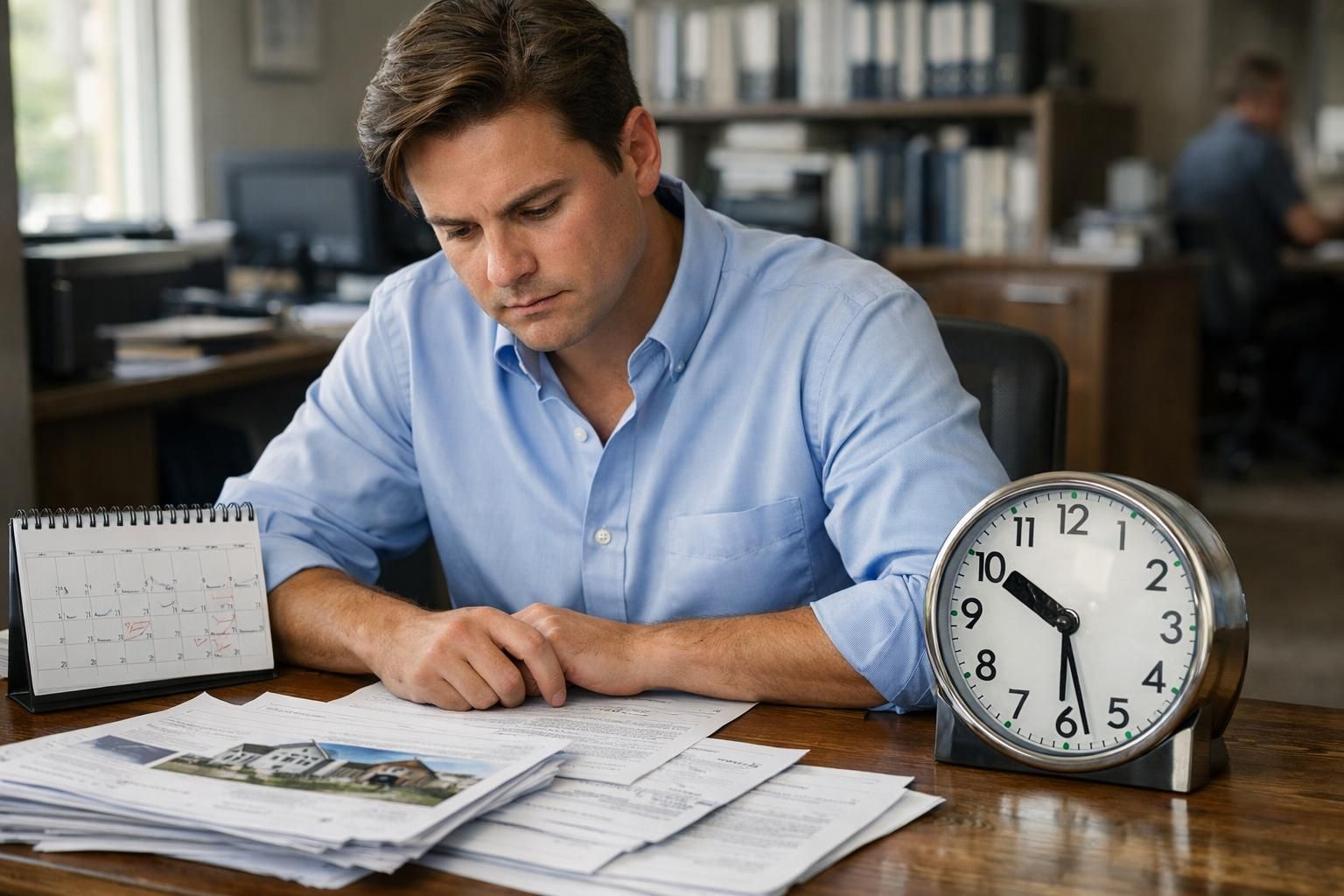 A focused real estate agent works at a cluttered wooden desk. A focused real estate agent works at a cluttered wooden desk.