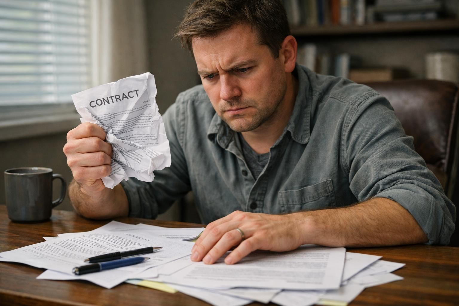 A frustrated homeowner sits at a cluttered desk with contracts. A frustrated homeowner sits at a cluttered desk with contracts.