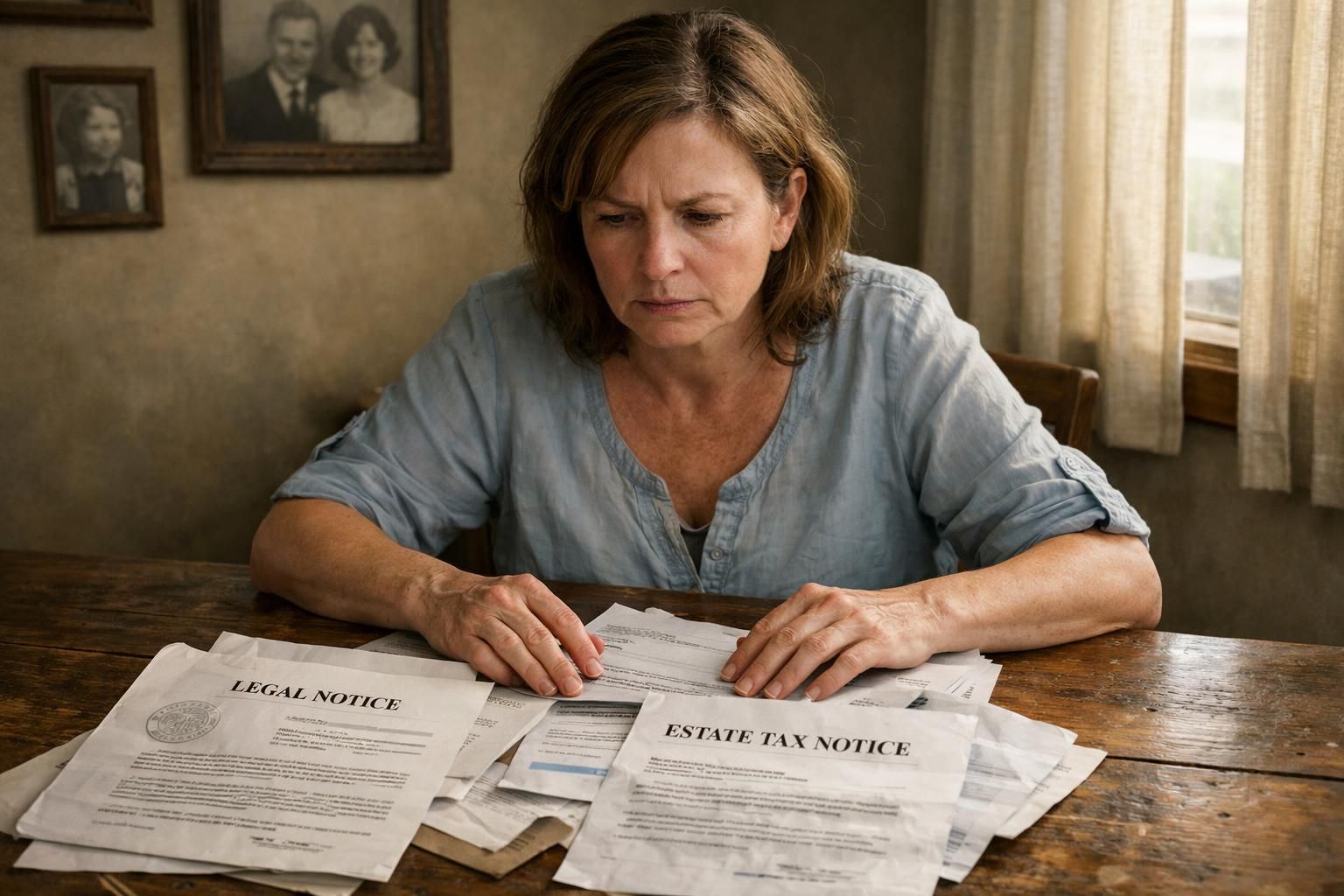 A middle-aged woman reviews important documents at a worn table. A middle-aged woman reviews important documents at a worn table.