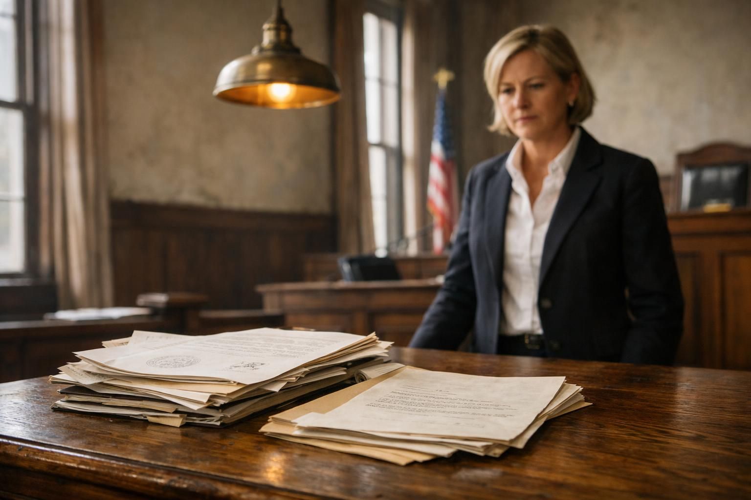 A focused individual stands in a historic courthouse surrounded by legal documents. A focused individual stands in a historic courthouse surrounded by legal documents.