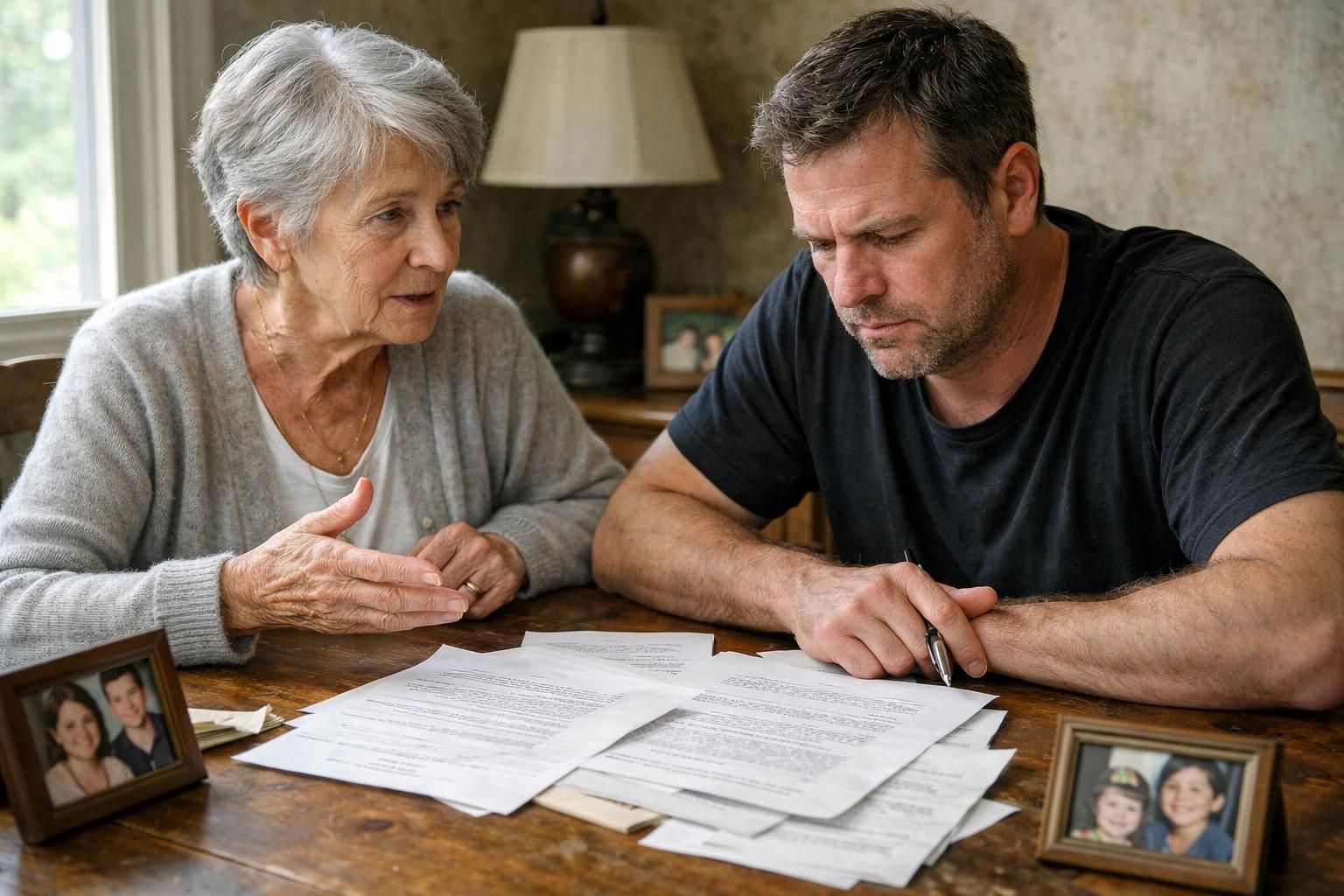 An elderly woman and a man discuss estate planning at a table. An elderly woman and a man discuss estate planning at a table.