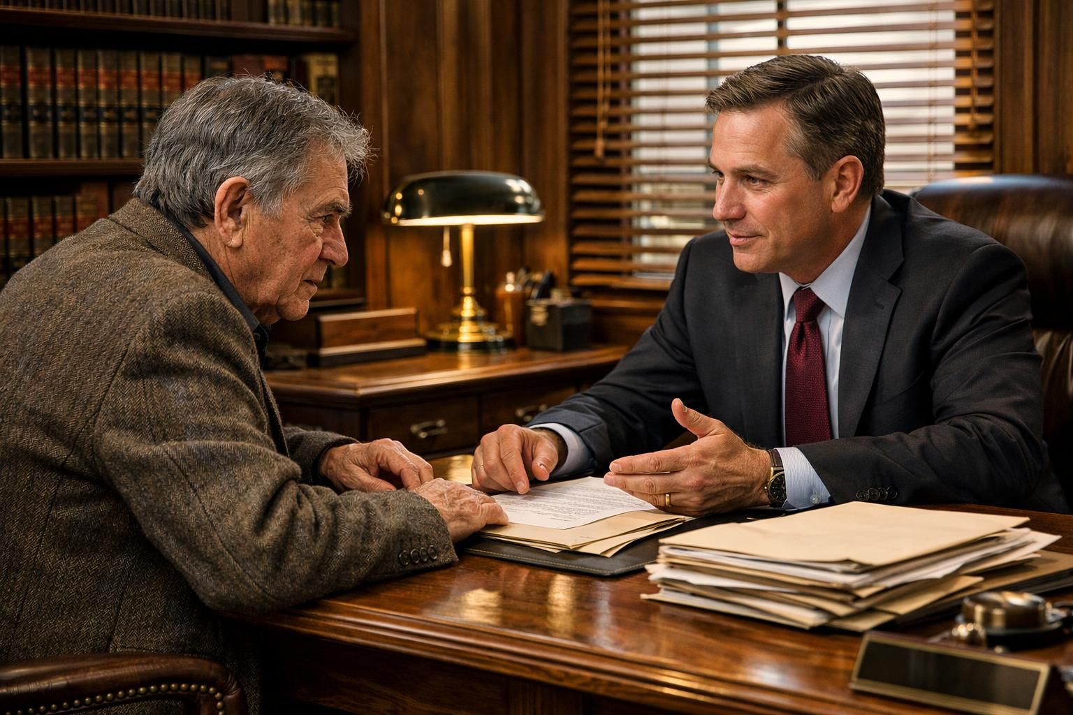An older man consults a focused attorney about probate matters. An older man consults a focused attorney about probate matters.