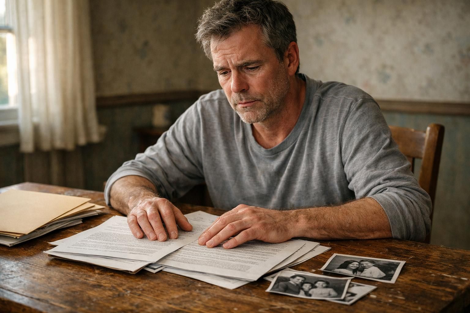 A worried man reviews legal documents about inheritance issues at home. A worried man reviews legal documents about inheritance issues at home.