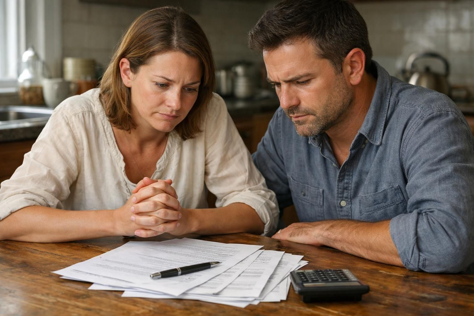 A couple engages in a serious financial discussion at their kitchen table.
