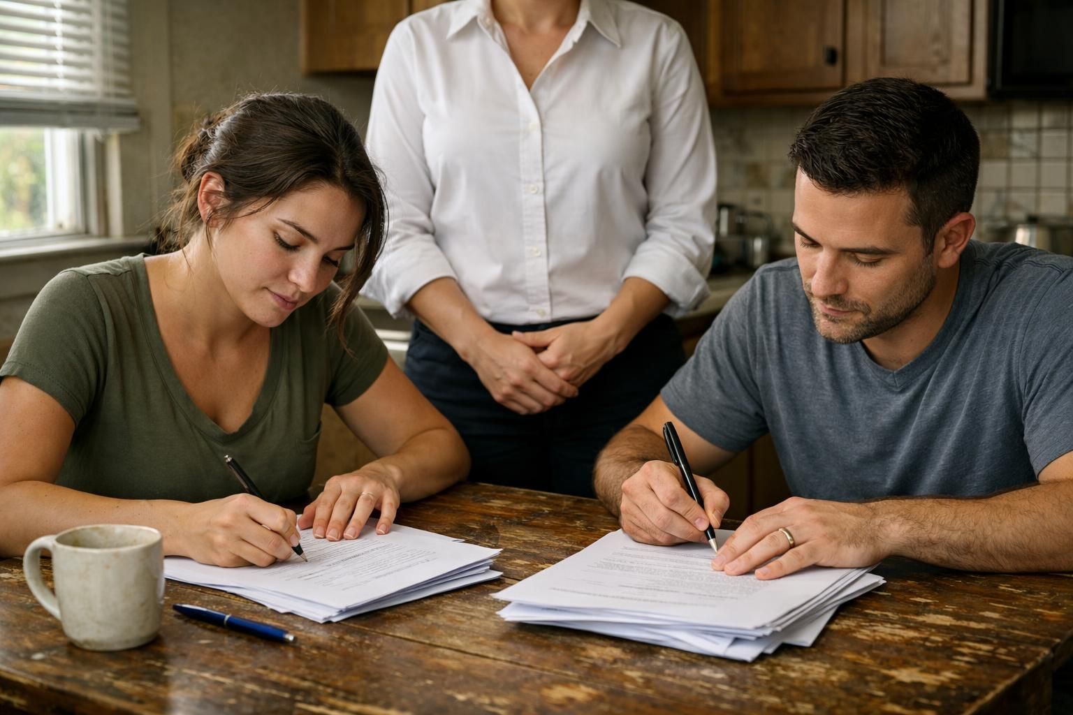 A young couple signs documents at a worn kitchen table.