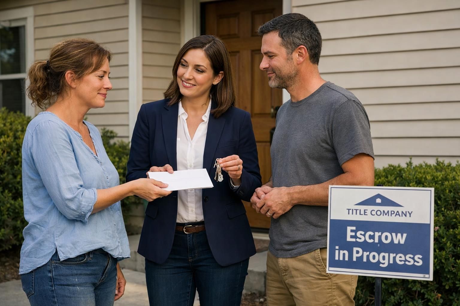 A couple receives keys from a real estate agent outside their new home.