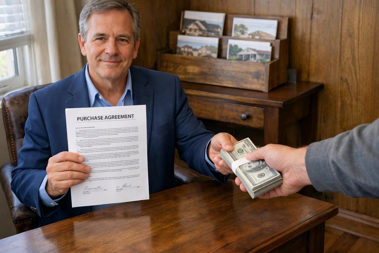 A real estate agent hands over a purchase agreement to a buyer.