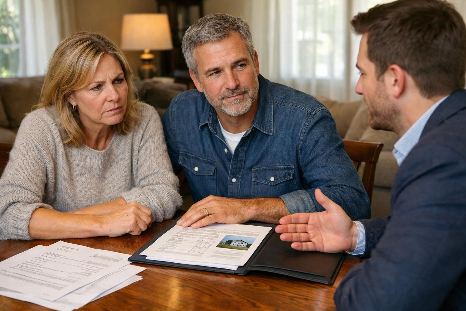 A couple discusses real estate with an attentive agent at home. A couple discusses real estate with an attentive agent at home.